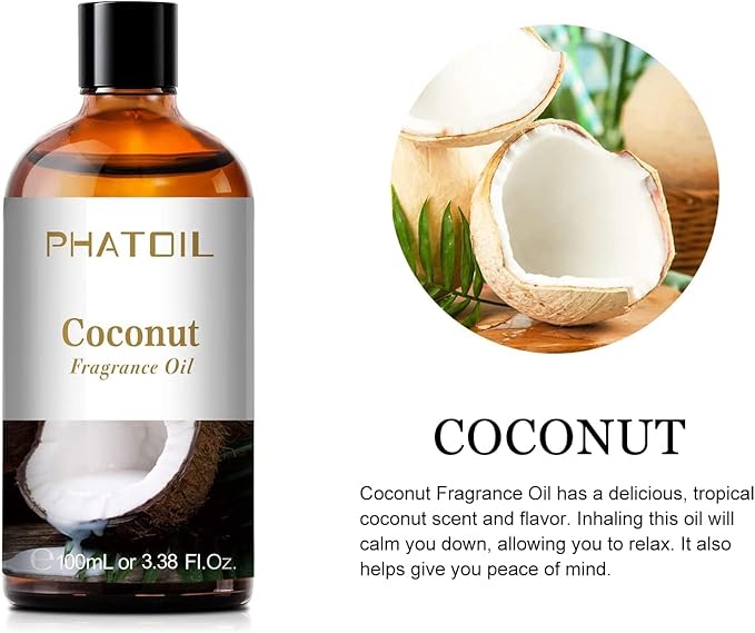 3.38FL.OZ Coconut Fragrance Oils for Aromatherapy, Essential Oils for Diffusers for Home, Perfect for Diffuser, Yoga, Skin Care, DIY Candle and Soap Making - 100ml