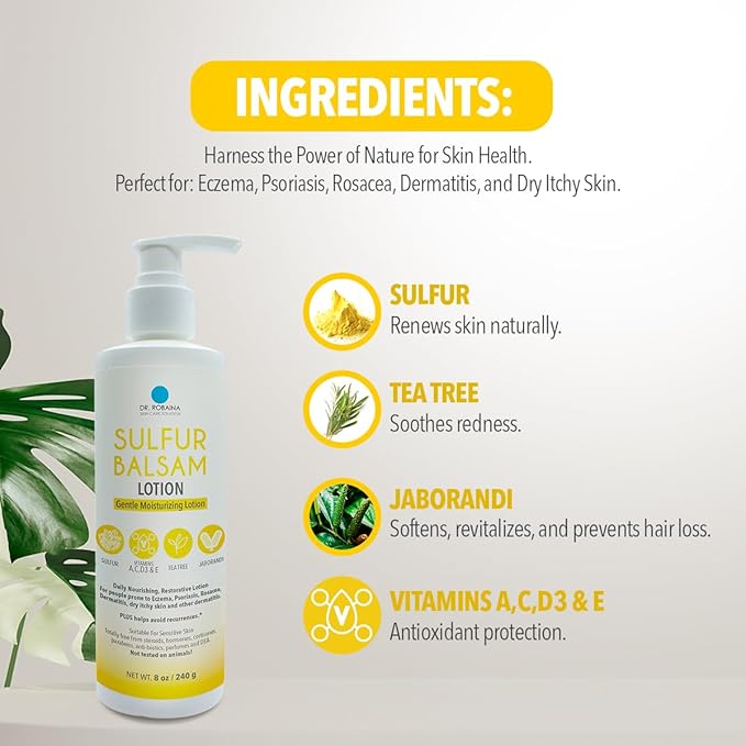 Dr. Robaina Sulfur Balsam Lotion – Daily Moisturizing Lotion for Eczema and Psoriasis Relief – Soothes Redness, Hydrates Sensitive Skin – Natural Ingredients – Made in the USA (Pack of 2)