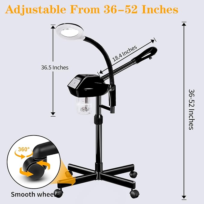 Facial Steamer Professional, 2 in 1 Ozone Facial Steamer on Wheels, with 5X Magnifying Lamp, Facial Steamer with Time Setting, Stand Facial Steamer Adjustable Height for Spa, Salon and at Home use