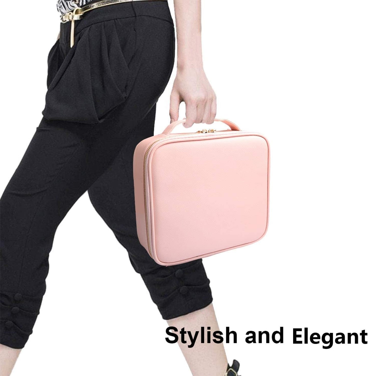 Travel Makeup Case, PU Leather Portable Organizer Makeup Train Case Makeup Bag Cosmetic Case with Adjustable Dividers for Cosmetics Makeup Brushes Women (Pink)