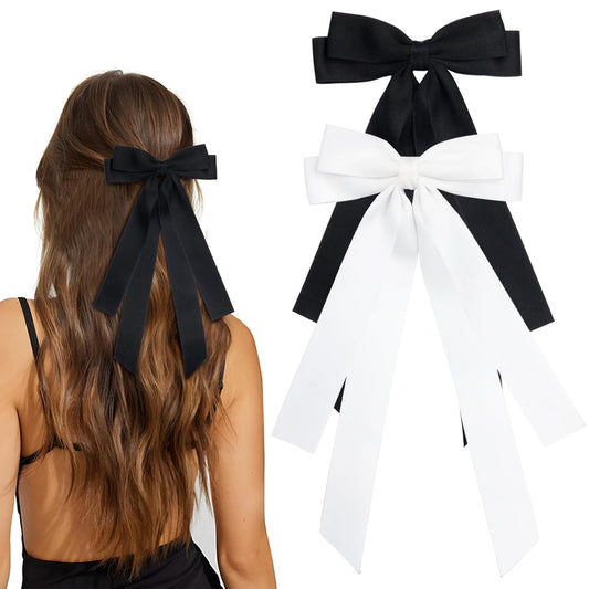 Bow Hair Clips 2PCS Set for Women and Girls - Black White Ribbon Bows for Hair, with Long Tail, Alligator Clip (Black & White)