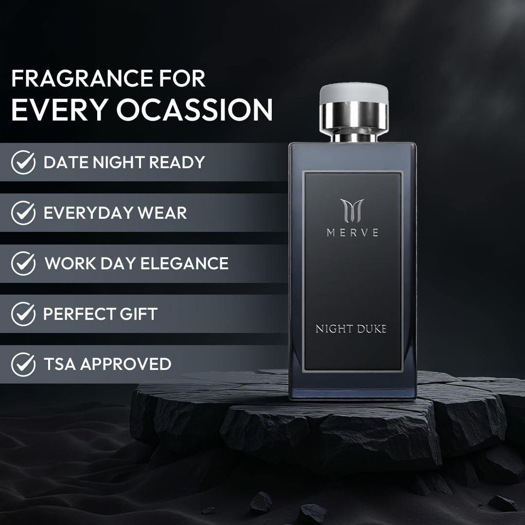 Merve Night Duke Premium Long Lasting Fragrance Luxury Scent For Men | Citrus, Musk, Amber | Perfumes For Men | 3.4 Ounces
