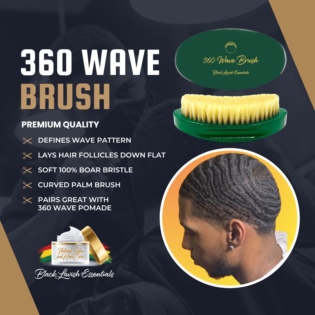 360 Wave Brush, Build Deeper Waves, Soft & Hard Boar Bristle Curved Brush, Black Lavish Essentials Signature (Emerald Green, Soft)