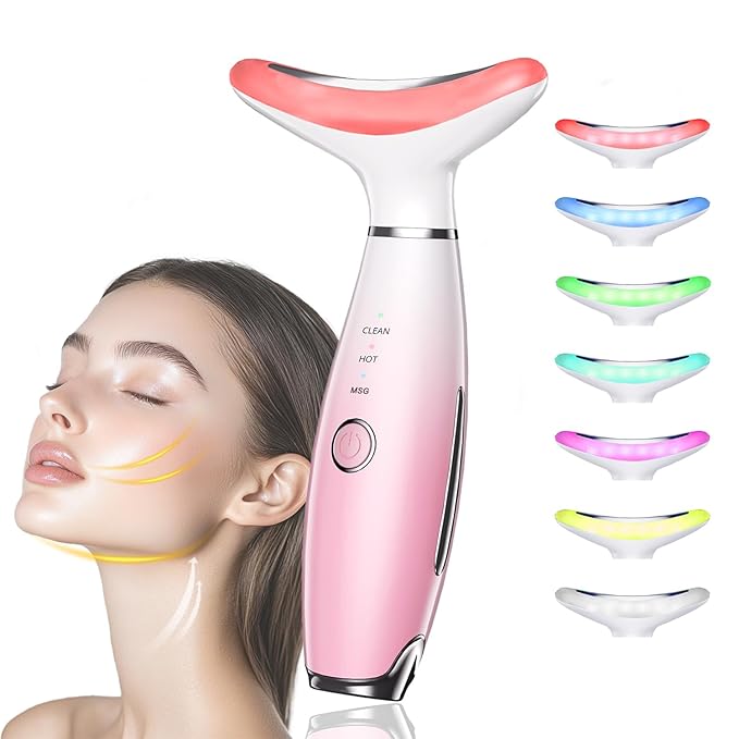 Facial and Neck Beauty Massager,7 Color Face and Neck Beauty Device with 3 Massage Modes,at Home Face Tool for Skin Care(Pink)