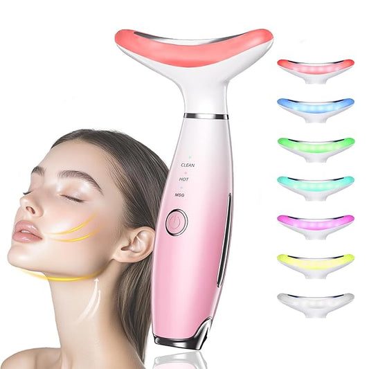 Facial and Neck Beauty Massager,7 Color Face and Neck Beauty Device with 3 Massage Modes,at Home Face Tool for Skin Care(Pink)