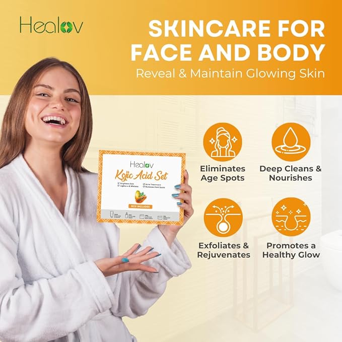 Kojic Acid Skincare Set – Kojic Soap Cleanser, Exfoliating Body Scrub, Face Cream & Brightening Facial Serum – Skin Brightening Hyperpigmentation Treatment, Dark Spot Corrector – with Turmeric Papaya