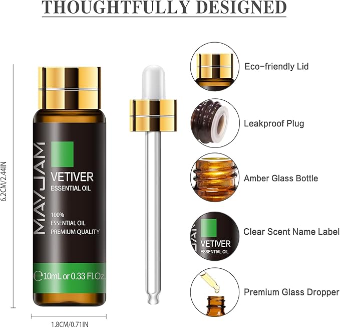 Vetiver Essential Oil, MAYJAM 10ML/0.33FL.OZ Premium Vetiver Oils for Soap Candle Making, Diffuser, Bedroom, Living Room, Office