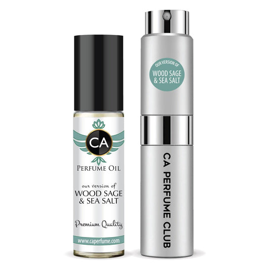 CA Perfume Duo Impression of Wood Sage & Sea Salt For Women And Men Perfume Layering Set Long Lasting Travel Size EDP + Body Oil Roll-On Bottle 0.27 Fl Oz+0.33 Fl Oz
