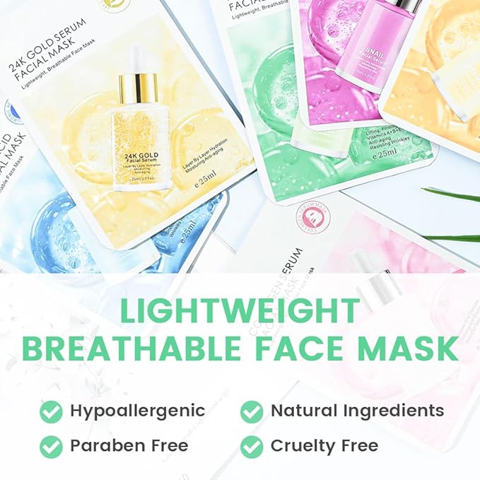 Face Sheet Mask Skincare,Hydrating Spa Face Mask For Sensitive Skin,Moisturize,Nourish for All Skin Types,Natural Skin Care Spa Face Mask for Women Men Girls,Pack of 6