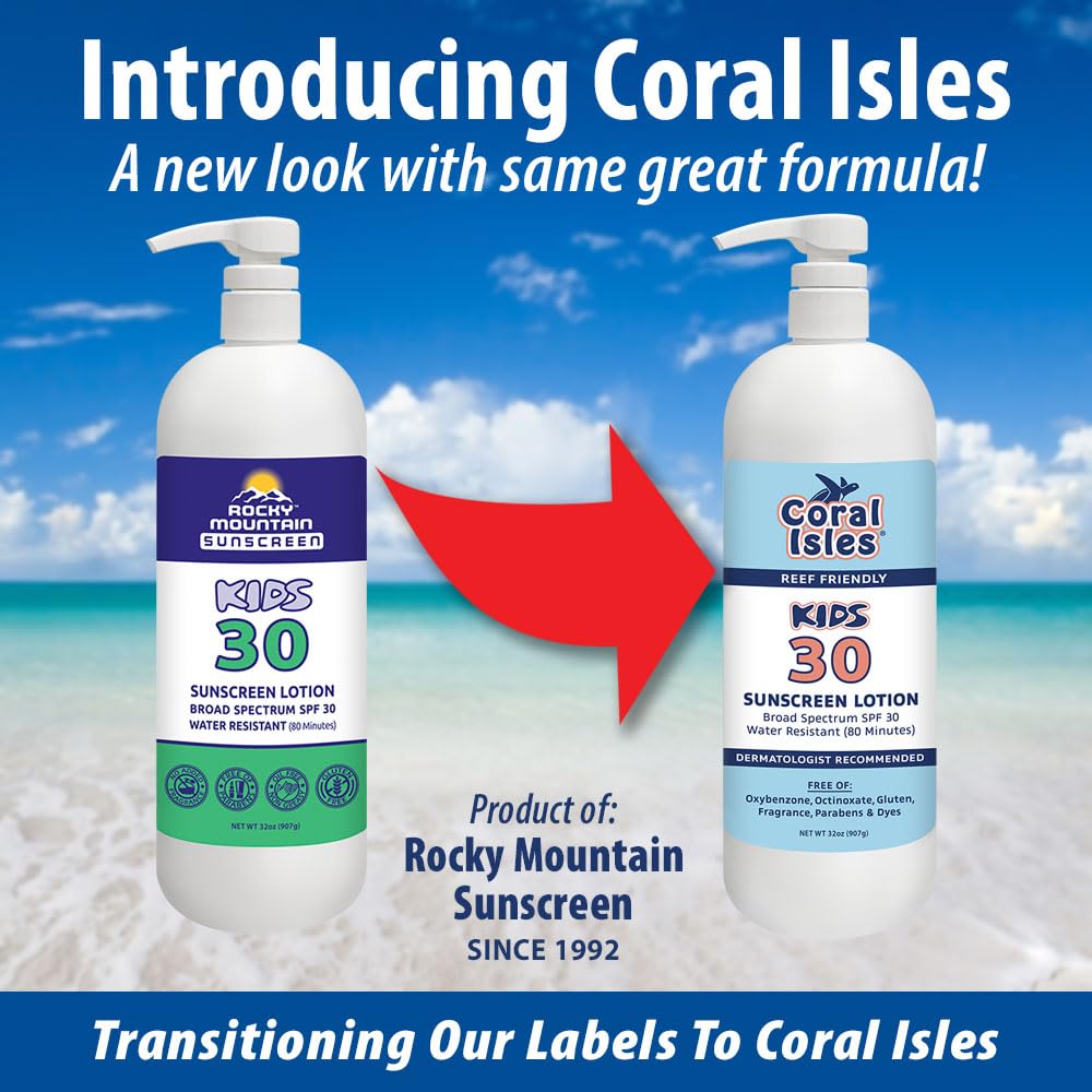 Coral Isles by Rocky Mountain Sunscreen | SPF 30 Lotion | Broad Spectrum UVA/UVB Protection | Hawaii Reef-Safe Act Compliant | Oxybenzone & Octinoxate Free | Water Resistant 80 Min. | 32 Fl Oz