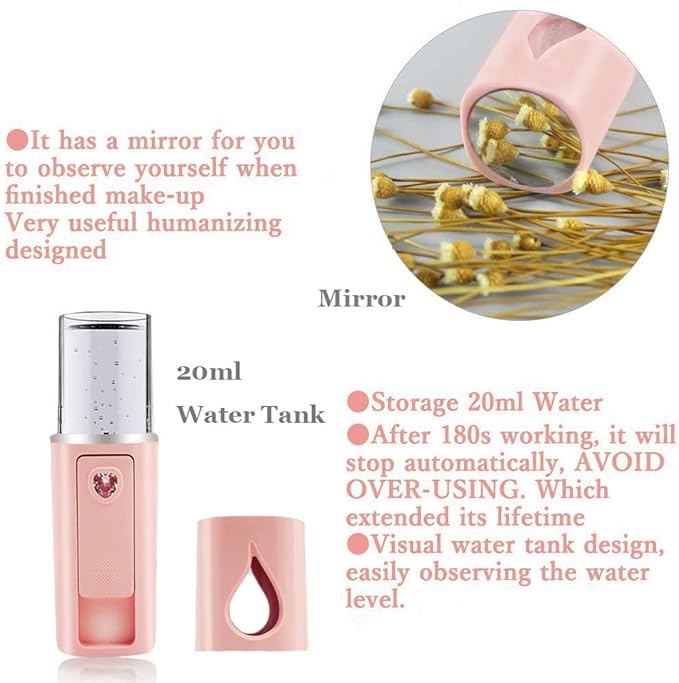 Portable Nano Facial Mister Mini Facial Steamer Atomization Eyelash Extensions with Mirror & 20ml Visual Water Tank (2 Packs)