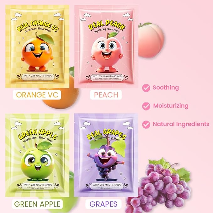 12 Pack Fruit Face Masks for Kids,Hydrating Face Mask For Sensitive Skin,Moisturize,Soothing,Nourish for All Skin Types,Natural Spa Party Facial Mask Skincare Set for Women Men Girls