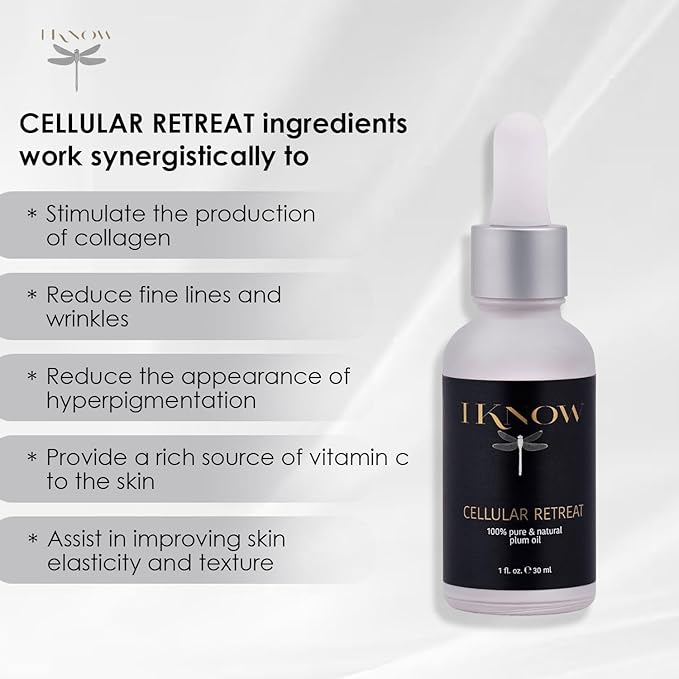 IKNOW CELLULAR RETREAT 100% Pure and Natural Plum Oil Skincare, Pro-Aging Plum Oil Treatment, Facial Serum for Skin Rejuvenation and Renewal, (1oz)