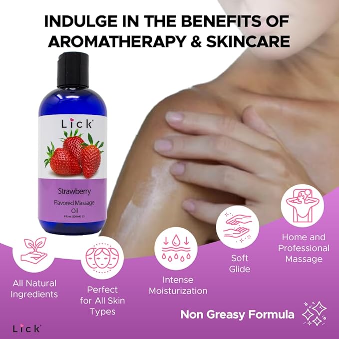 Lick Strawberry Bliss Edible Massage Oil – Natural, Sensual Body Oil for Couples, Hydrating, 8 oz