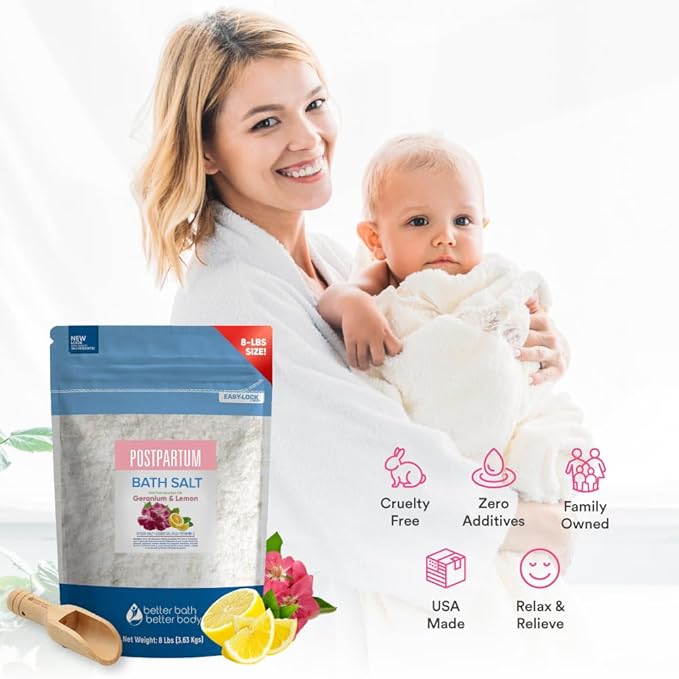 Postpartum Sitz Bath Soak 128 Ounces (8 Lbs) Bulk Bag Postpartum Care for New Moms Bath Salt with Essential Oils in Easy Press Lock BPA Free Pouch Made with Natural Ingredients Made in USA