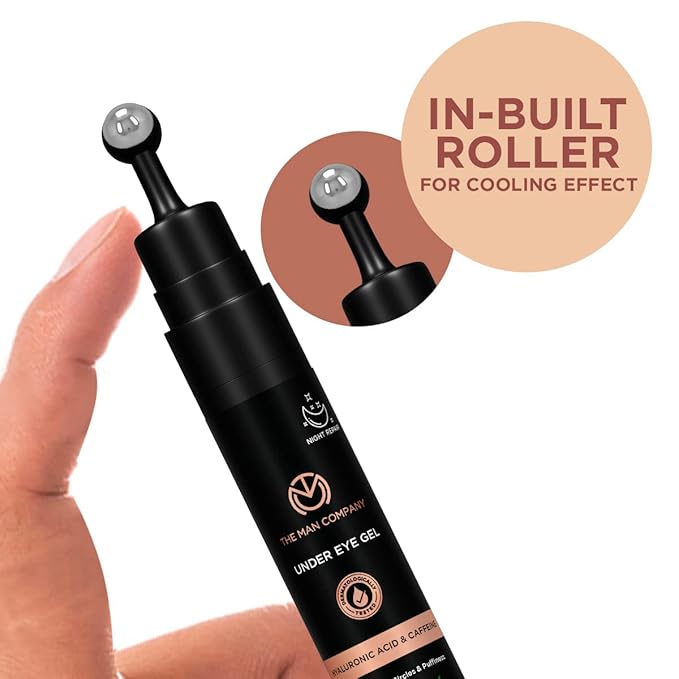 The Man Company Under Eye Gel With Cooling Massage Roller For Dark Circles, Fine Lines & Puffy Eyes with Caffeine & Hyaluronic Acid – 15gm