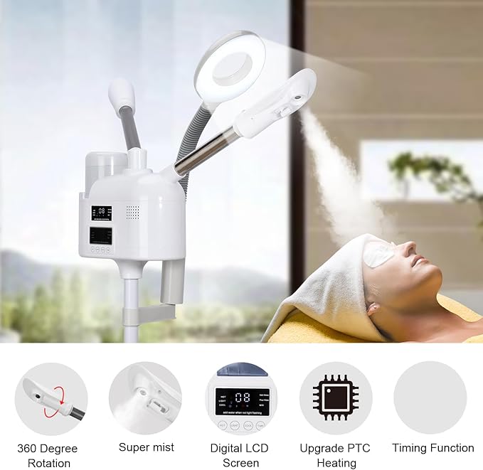 Facial Steamers Professional 3 in 1 Facial Steamer with 5X Magnifying Lamp, Upgrade PTC Heating, Hot/Cool Mist Steamer for Home Salon Spa Beauty