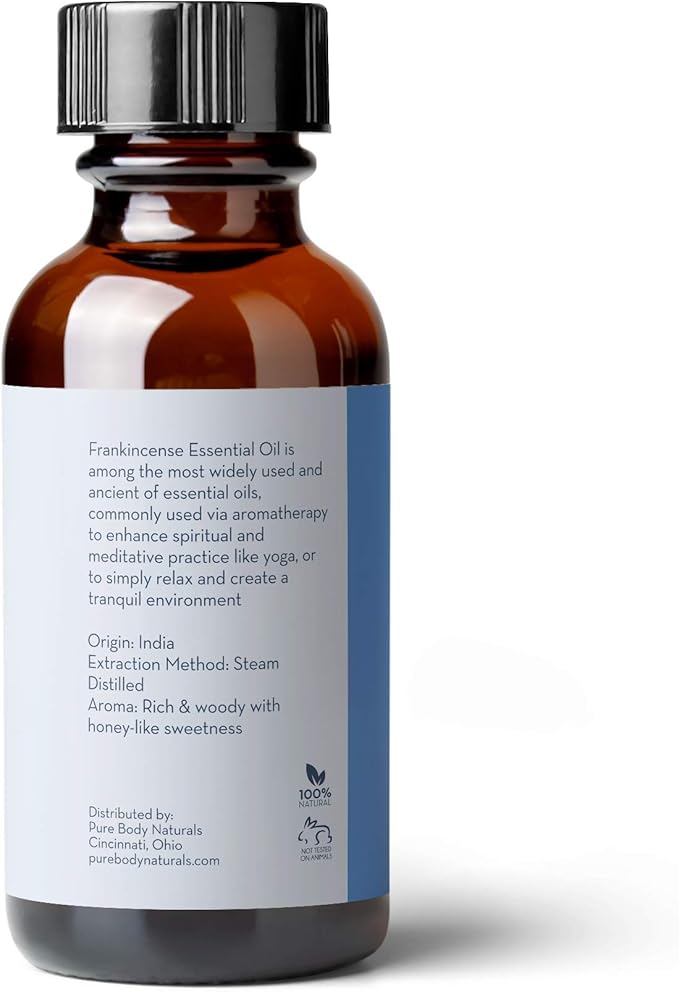 Pure Body Naturals Frankincense Essential Oil, 1 fl oz - Pure and Undiluted Therapeutic Grade - for Diffuser and Skin, Meditation and Yoga - Includes Glass Dropper