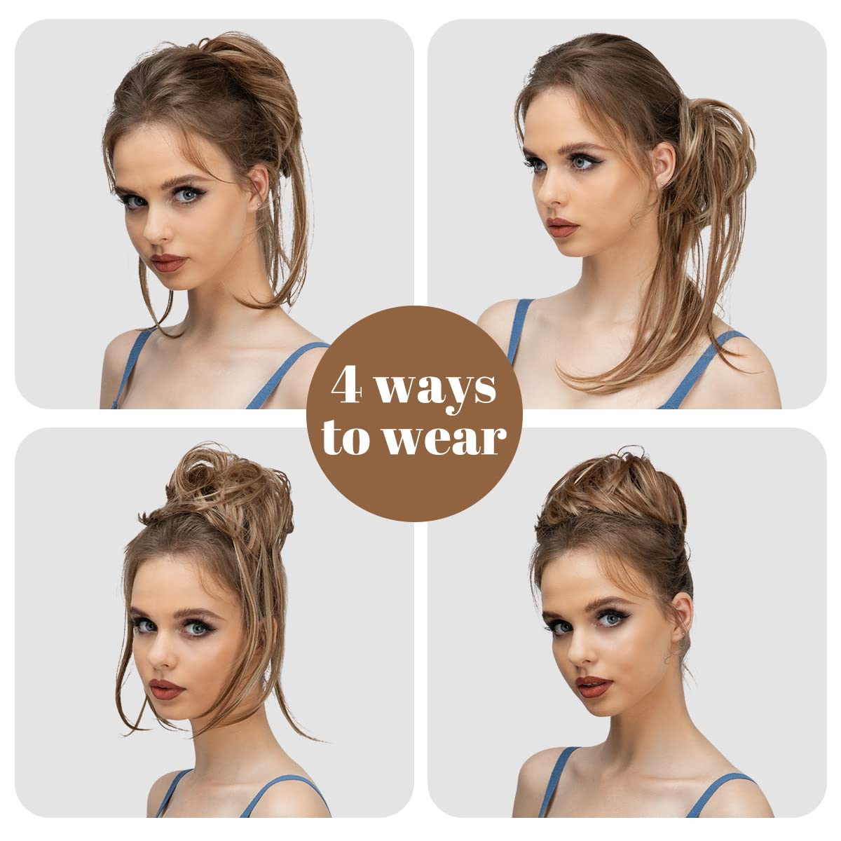 CJL HAIR Messy Bun Hair Piece Curly Hair Bun Extensions with Straight Tails Synthetic Hair Scrunchies Ponytail Hairpieces for Women Brunette/Honey Blonde
