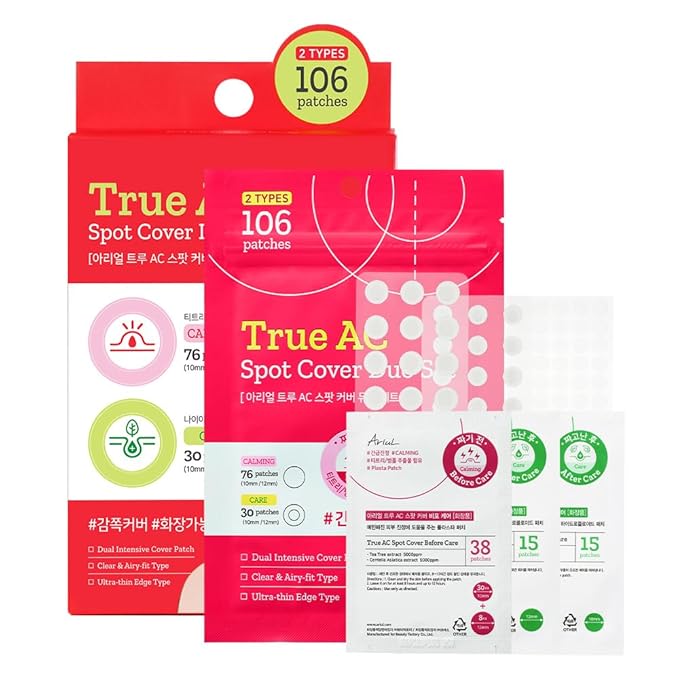 Ariul True AC Spot Cover Duo Set – Before & After Blemish Care, Hydrocolloid Patch with Salicylic Acid, Niacinamide, Tea Tree Oil & Cica, Ultra-Thin, Korean Skin Care, 106 Patches (Red - Duo Set)