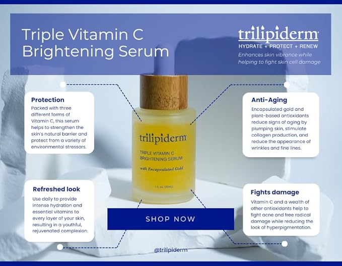 Trilipiderm Triple Vitamin C Serum W/Hyaluronic Acid & Encapsulating Gold, Skin Firming Moisturizer for Anti Aging Skincare Routine, Minimizes Fine Lines, Boost Collagen & Evens Skin Tone