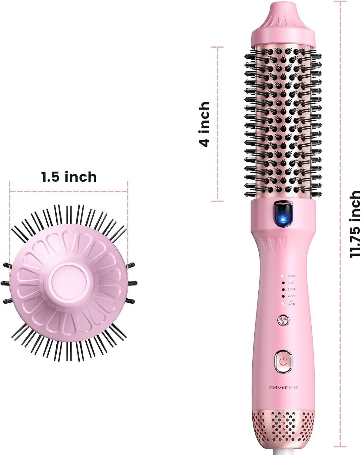 zavarea Thermal Brush, 1.5 Inch Heated Round Brush Stylers, 800M Negative Ions Ceramic for Less Frizz Damage, 4 Temperature Set, Dual Voltage for Travel, Easy Use Boosts Shine, Youthful Pink