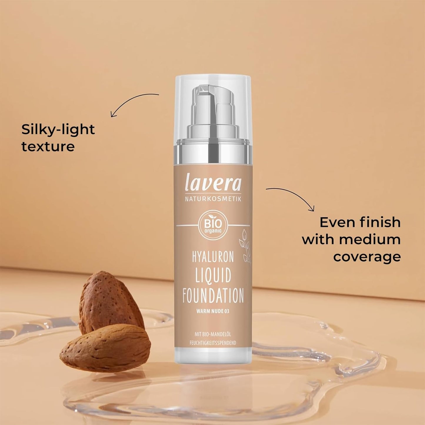 lavera Hyaluron Liquid Foundation - Warm Nude 03 - Foundation Make Up with Hyaluron & Almond Oil for a Flawless Complexion - Face Make Up - PETA Certified - Vegan - Made in Germany - 1 Fl Oz