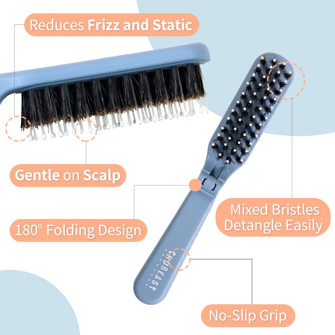 Uffy MiniPop Travel Hair Brush – Mini Folding Boar Bristles for Women, Men & Kids | Kid-Friendly Compact Comb for Wet & Dry Hair, Curly or Straight | Pocket-Size Detangler - Lemonade on Baby Blue