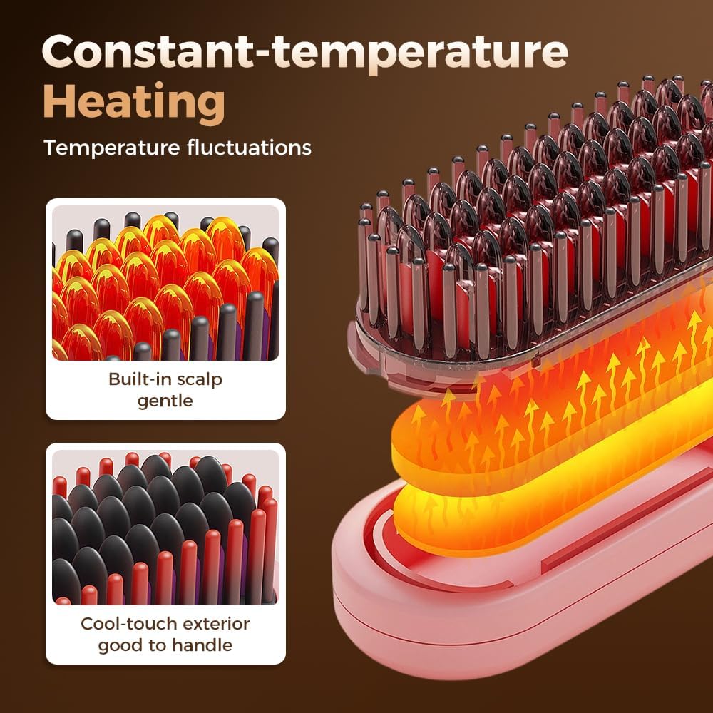 Cordless Hair Straightener Brush, 2026 Updated Mini Portable Hair Straightener for Travel, Fast Heating Straightening Brush, USB Ceramic Electric Hair Comb for Women Straightening and Curling(Purple)