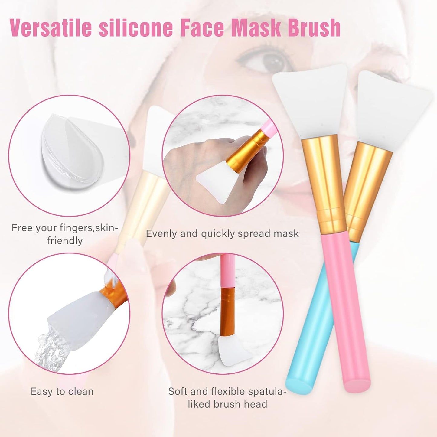 2 PCS Silicone Face Mask Brushes, Facial Mud Mask Beauty Tool Applicator Brush Soft Hairless Body Lotion Moisturizers Applicator Sector Brush Makeup Tools For Women Girls (Pink+Blue)