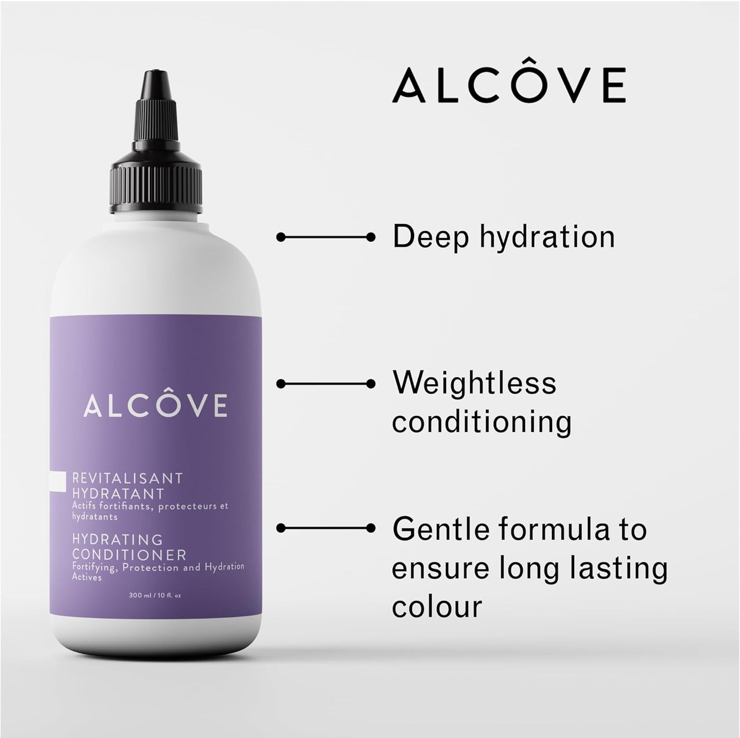Alcôve - Hydrating Conditioner - Moisturizing & Nourishing - Helps hydrate Damaged Hair - Anti-frizz properties - Lightweight Formula - Made with Argan Oil - Color Safe - Sulfate Free - Vegan - 300ml