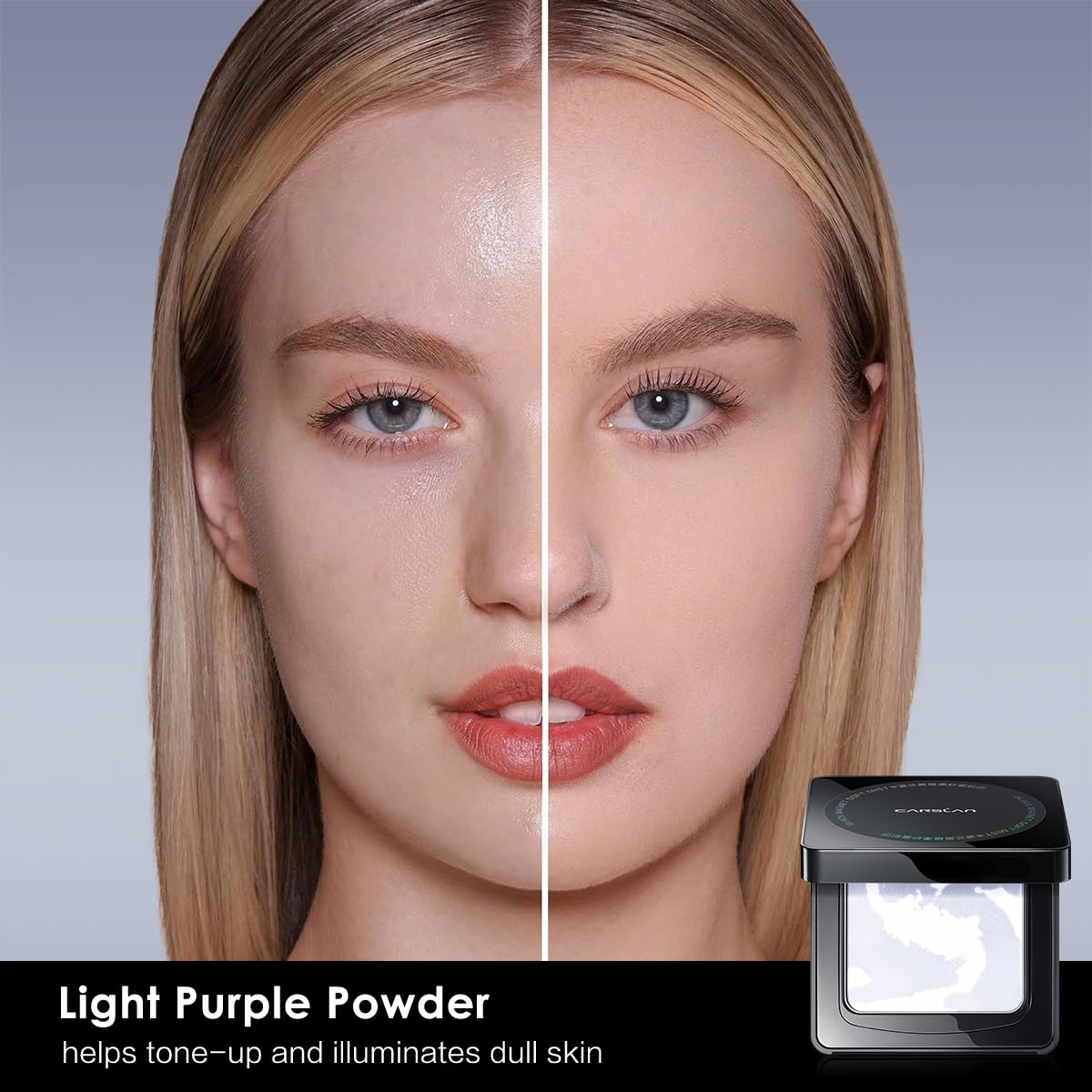 CARSLAN Waterproof Face Pressed Powder Compact, 24H Longlasting Oil Control Pressed Setting Powder Talc-Free Makeup, Shine Free, Poreless, Smooth, 03 Light Purple for dry&com skin (0.28Oz)