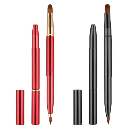 2 Pack Retractable Lip Brush for Lipstick with Cap, Double-Ended Lip Makeup Brushes Retractable Lip Gloss Lipstick Brush Applicator Travel Black Red