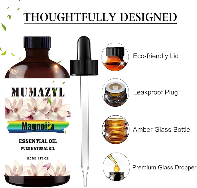 Magnolia Essential Oil, Magnolia Oil 4 Fl Oz 120ML for Diffuser Humidifier Yoga Cleaning DIY Candle Soap Making Essential Oils