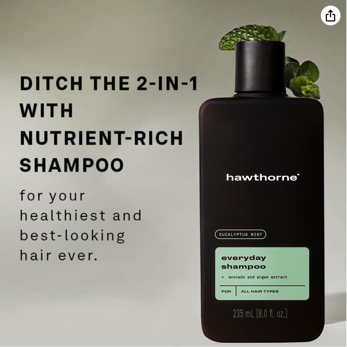 Hawthorne Men's Everyday Shampoo. For Stronger, Healthier Hair with Avocado Oil and Coconut Oil. Mint and Eucalyptus Scent. Sulfate Free, Paraben Free, Mens All Natural Shampoo. 8 fl. oz. 2-Pack.