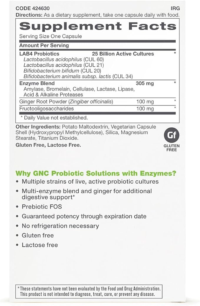 GNC Probiotic Solutions with Enzymes 25 Billion 30 Capsules,