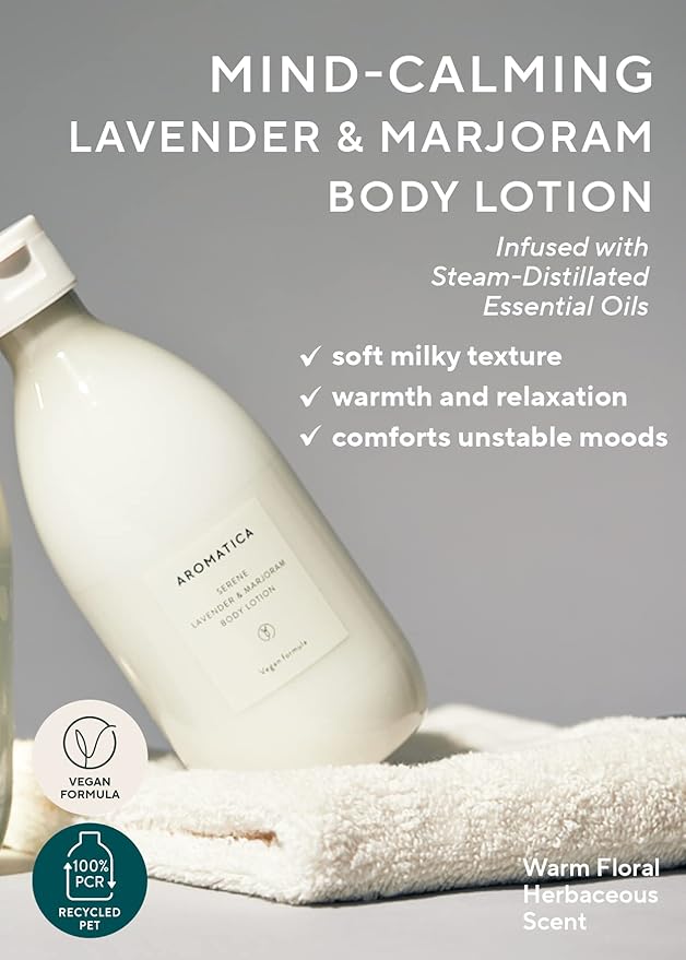 AROMATICA Serene Body Lotion Lavender & Marjoram 10.14oz / 300ml, Vegan | Soothing Body Moisturizer | Light Relaxing Scent | For Normal to Dry Skin | with Shea Butter