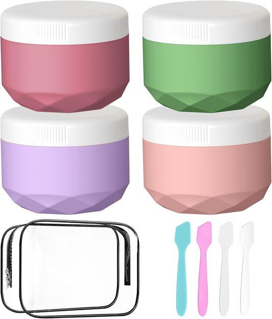 Travel Containers for Toiletries, 4-Pack TSA Approved Silicone Jars (1oz) - BPA Free Leakproof Cosmetic Containers for Creams, Lotion, Skincare & Makeup with Bonus Waterproof Bag -Mix Pink