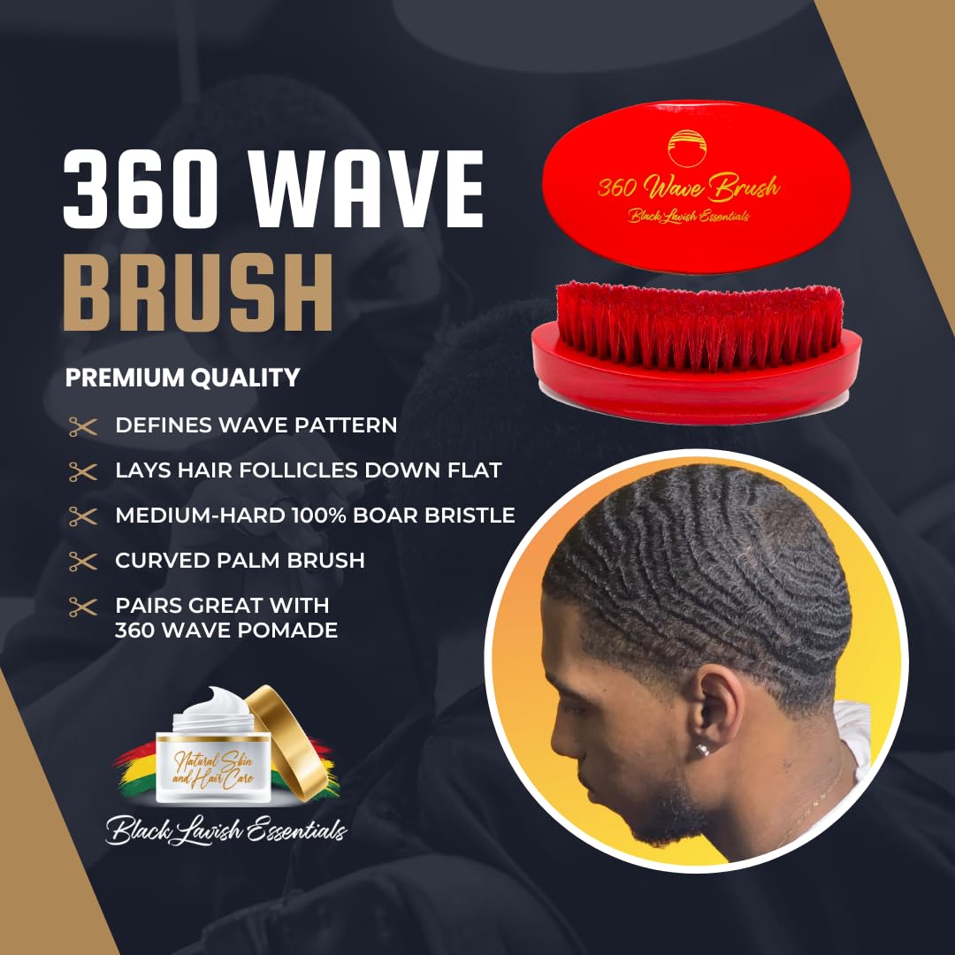 360 Wave Brush, Build Deeper Waves, Soft & Hard Boar Bristle Curved Brushes BLACK LAVISH ESSENTIALS (Medium-Hard, Red)