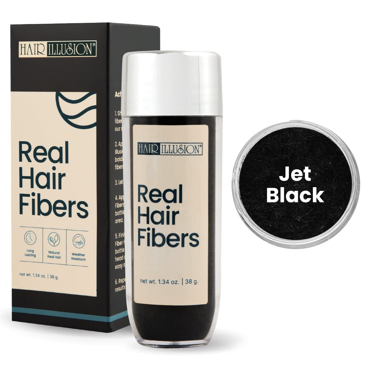 Hair Illusion Jet Black Hair Fibers and Holding Spray for Thinning Hair - 100% Natural Texture, Non-Synthetic Bald Spot Cover Up for Women & Men - 38 Gram