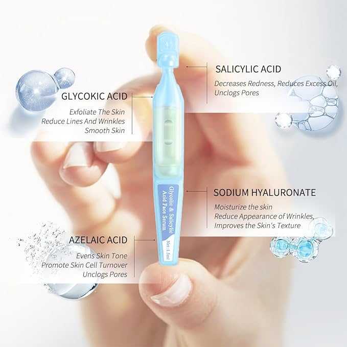 Salicylic Acid Serum for Face with Glycolic Acid, Azelaic Acid, Redness Relief, Hydrating & Smoothing Serum, Anti Aging Facial Serum, 5 Ampoules