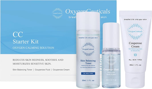 OxygenCeuticals CC Starter Kit – Skin Balancing Toner 30ml + Couperose Fluid 15ml + Couperose Cream 30ml, Redness-Relief & Sensitive Skin Soothing Skincare Set