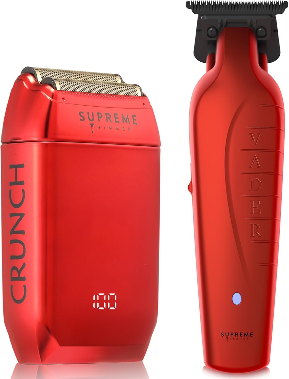 Supreme Trimmer Vader Trimmer & Crunch Foil Shaver Barber Haircutting Kit | Professional DLC T-Blade Beard Trimmer ST3778 & STF602 Waterproof IPX6 Shaver Set | Red