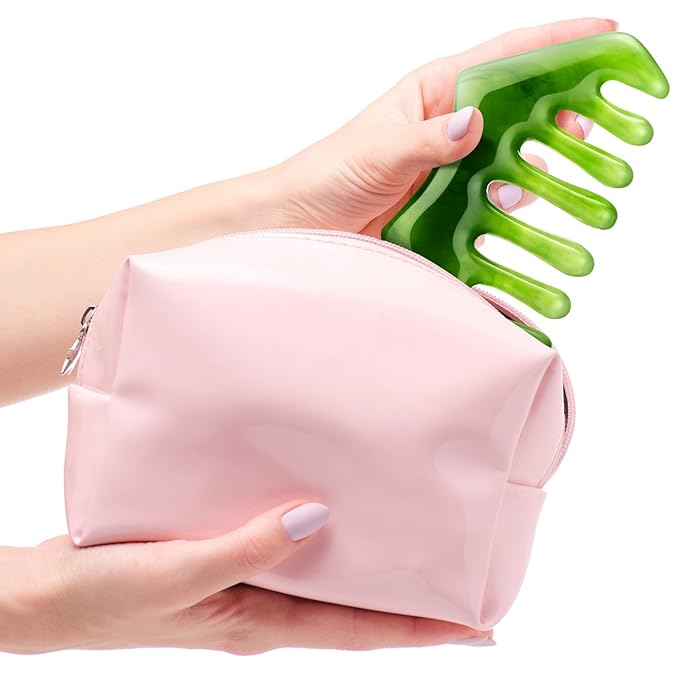 Geiserailie 2 Pieces Jade Combs Massage Stone Hair Gua Sha Scraping Scalp Comb Facial Massage Tool Multifunctional Handheld Head Tools Head Caring Therapy Mother's Day Gift (Dark Green Style)