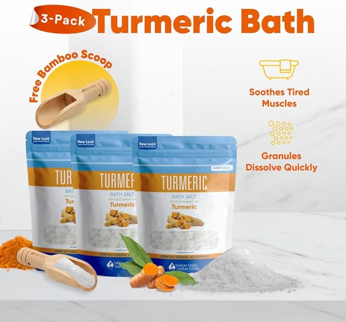 Turmeric Bath Salt (3 Pack with Scoop 6 Lbs Total) Total Bath Aromatherapy Pure Essential Oils in BPA Free Pouch with Press Lock Seal Made in USA Three 2 Lbs Bundle