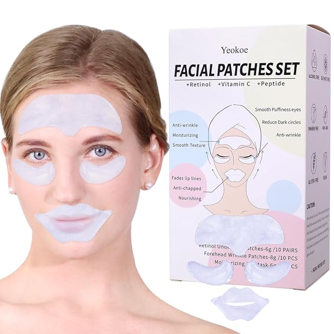 Forehead Wrinkle Patches,Under Eye Patches and Lip Mask 30 PCS. Face Masks Skincare With Retinol Serum For Anti-aging Puffy Eyes and Dark Circles