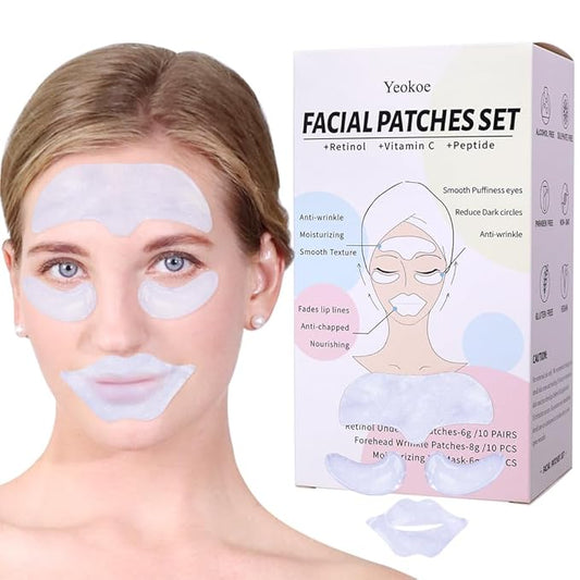 Forehead Wrinkle Patches,Under Eye Patches and Lip Mask 30 PCS. Face Masks Skincare With Retinol Serum For Anti-aging Puffy Eyes and Dark Circles