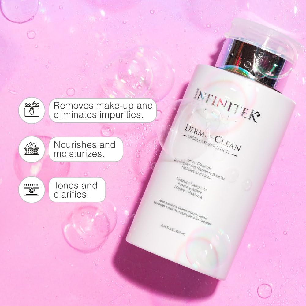 Infinitek Paris Micellar Water Solution with Hyaluronic Acid 8.45 Fl Oz - Skin Care Product and Makeup Remover - Hydrating Cleansing Liquid for Face Wash and Eye Makeup Remover