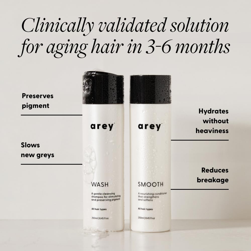 Arey Shower Duo | Daily Wash Shampoo and Smooth Conditioner Set | Delay + Reduce the Signs of Aging Grey Hair | Retain Moisture, Promote Smoothness | Vegan, Gluten-Free & Cruelty Free (2 Pack)