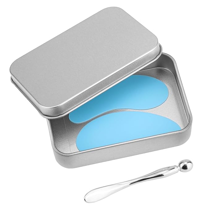 Reusable Eye Patch, Silicone Reusable Eye Gel Pads Eye Wrinkle Patches Under Eye Mask, Plump Fine Lines & Wrinkles with Metal Eye Cream Applicator & Tin Case (Blue)